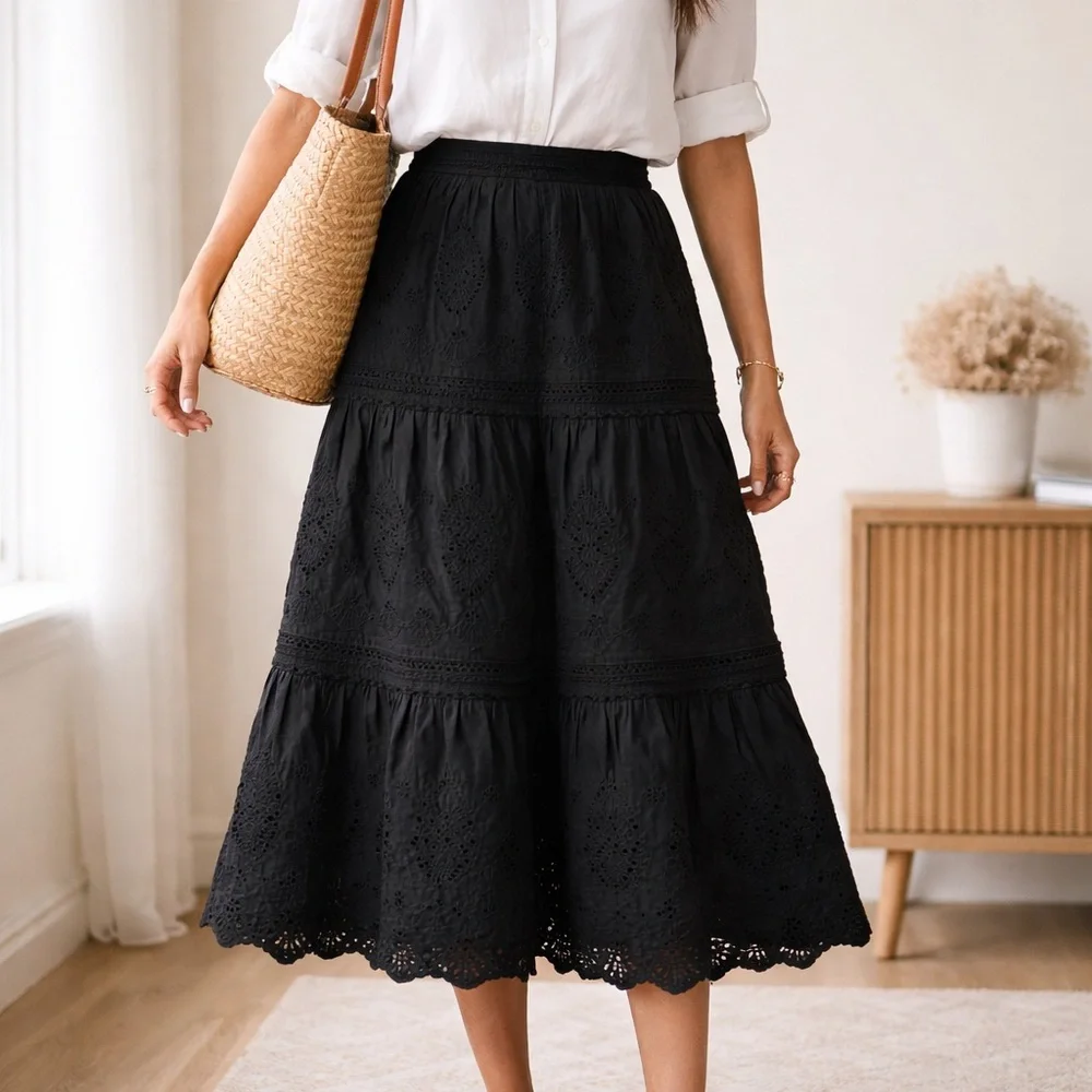 Jason Wu Black Eyelet Midi Skirt Tiered Embroidered Cotton Boho Romantic Size S - Picture 1 of 9
